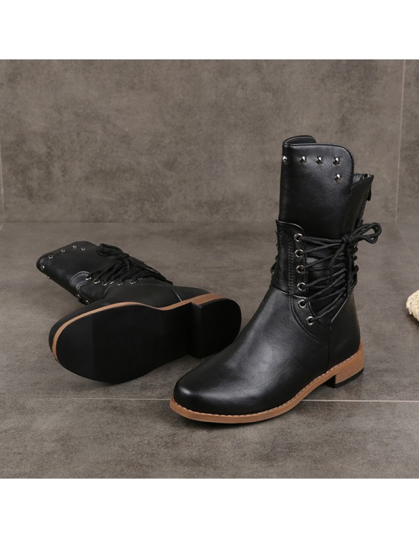 Autumn and winter new foreign trade hollow heel low heel belt buckle rivet short boots popular round head thick heel Large Martin boots women