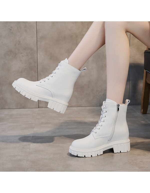 2021 autumn new leather Martin boots women's thick bottom inner increase Korean lace up casual side zipper women's Boots