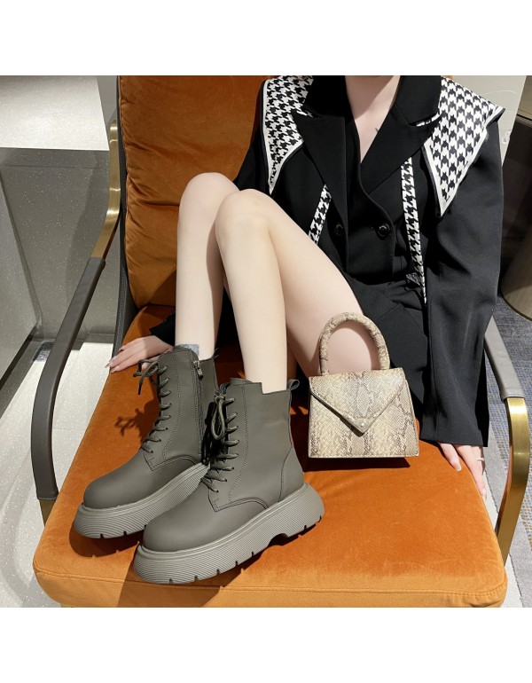 Li Wanjun's same shoes muffin thick bottom bandage short boots women's big head flat bottom Martin boots gray medium boots