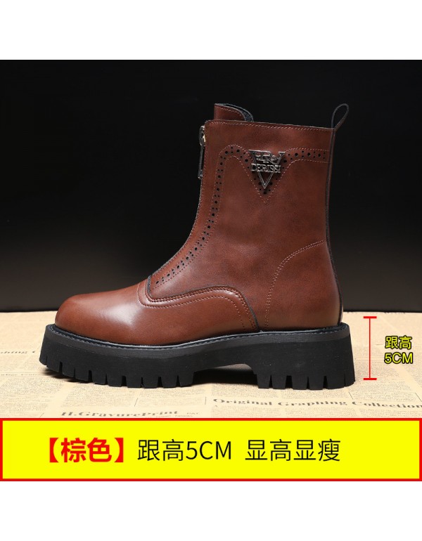 Thick bottom front zipper short boots women's 2021 autumn and winter new plush British Martin boots leather boots one hair substitute