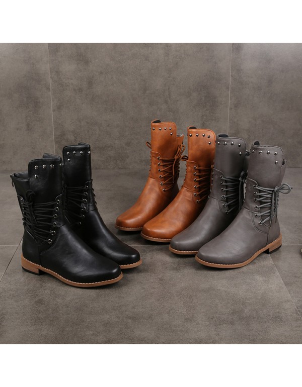 Autumn and winter new foreign trade hollow heel low heel belt buckle rivet short boots popular round head thick heel Large Martin boots women