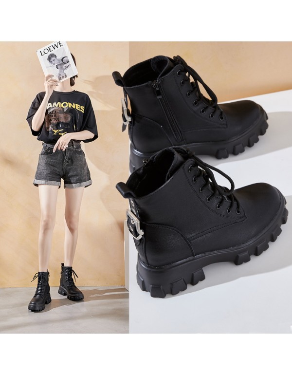 2021 Autumn New Genuine Leather Martin boots women's thick bottom inner increased Lace Up Korean buckle casual thin women's Boots