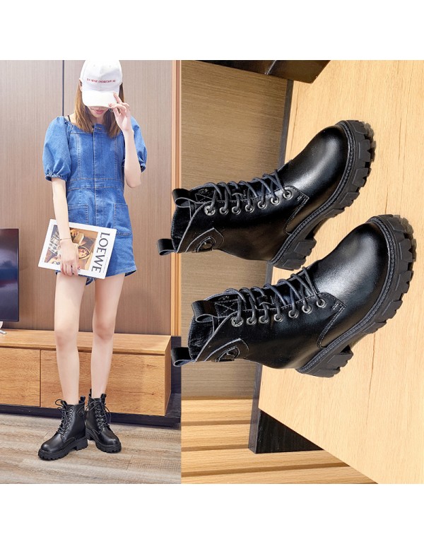 2021 autumn new leather Martin boots women's thick bottom inner increased lace up casual Korean women's Boots 
