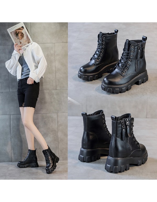 2021 autumn new leather Martin boots women's thick bottom inner increased double zipper student shoes Korean women's Boots 