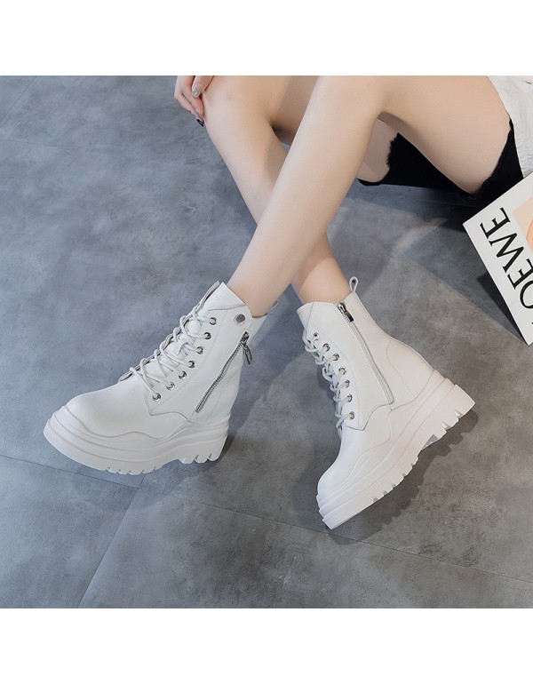 2021 autumn new leather Martin boots women's thick bottom inner increase Korean casual side zipper thin women's Boots 