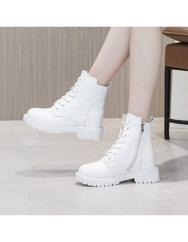 2021 autumn genuine leather Martin boots women's thick bottom inner raised lace up casual female student shoes side zipper female boots