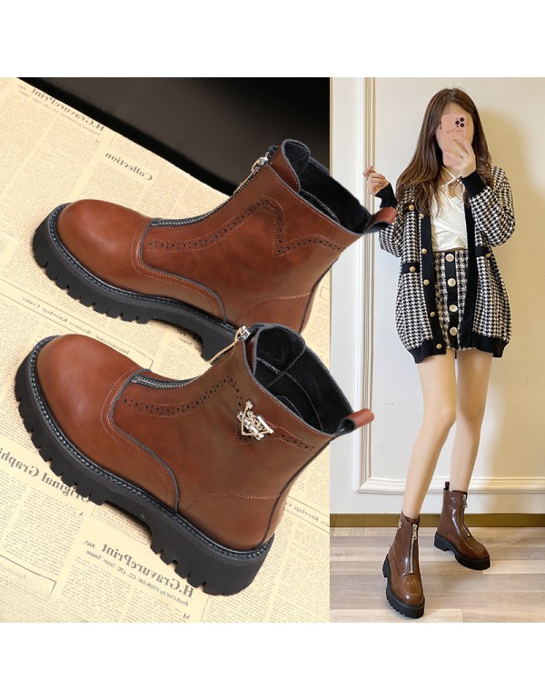 Thick bottom front zipper short boots women's 2021 autumn and winter new plush British Martin boots leather boots one hair substitute