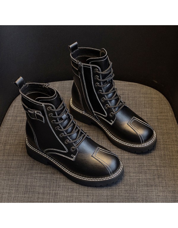 2021 autumn new leather Martin boots women's thick bottom inner increase casual Korean buckle boots female student shoes 