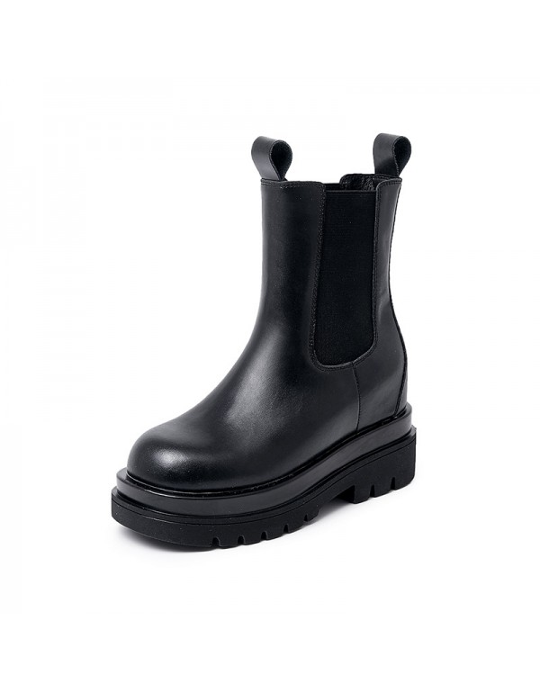 2021 autumn new leather Martin boots women's thick bottom inner raised leisure chimney boots women's Chelsea short boots 