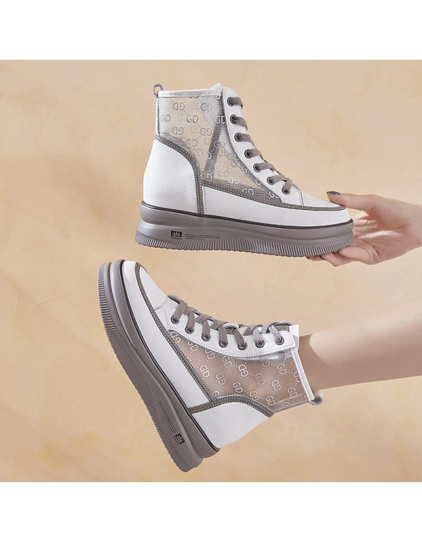 2021 spring and summer new inner raised leather mesh women's shoes thick bottom high top casual breathable leather women's shoes boots