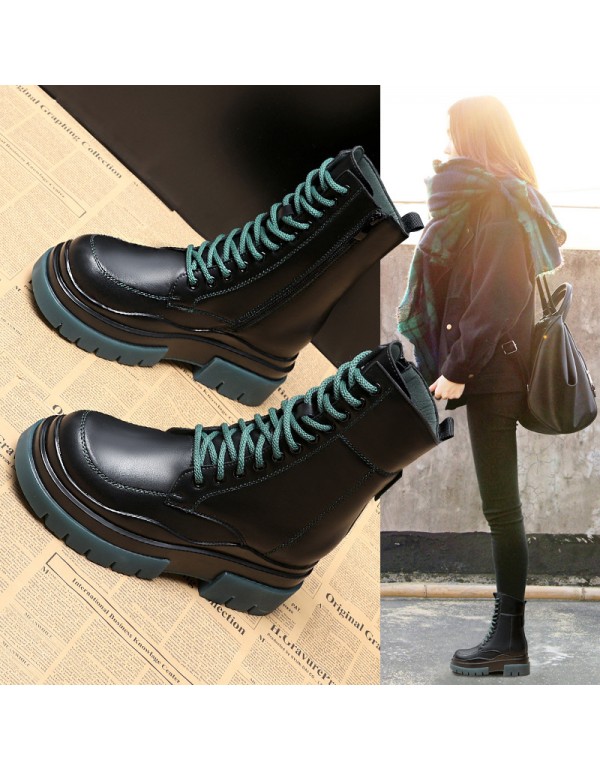 2021 autumn new British style thick bottom middle tube lace up inner increase Martin boots women's small fashion women's boots trend