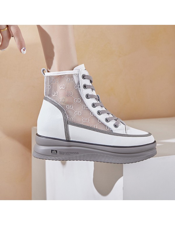 2021 spring and summer new inner raised leather mesh women's shoes thick bottom high top casual breathable leather women's shoes boots