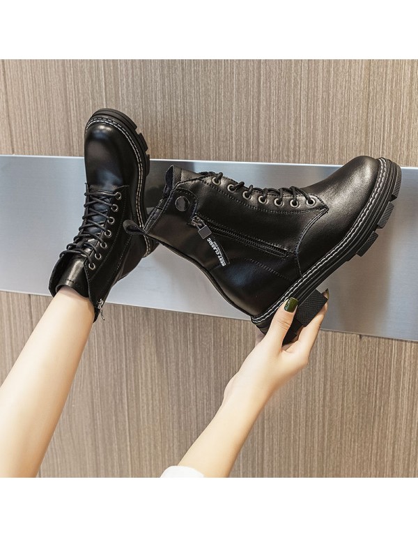 2021 autumn new leather Martin boots women's thick bottom, increased inside, bilateral zippers, slim, fashionable women's Boots 