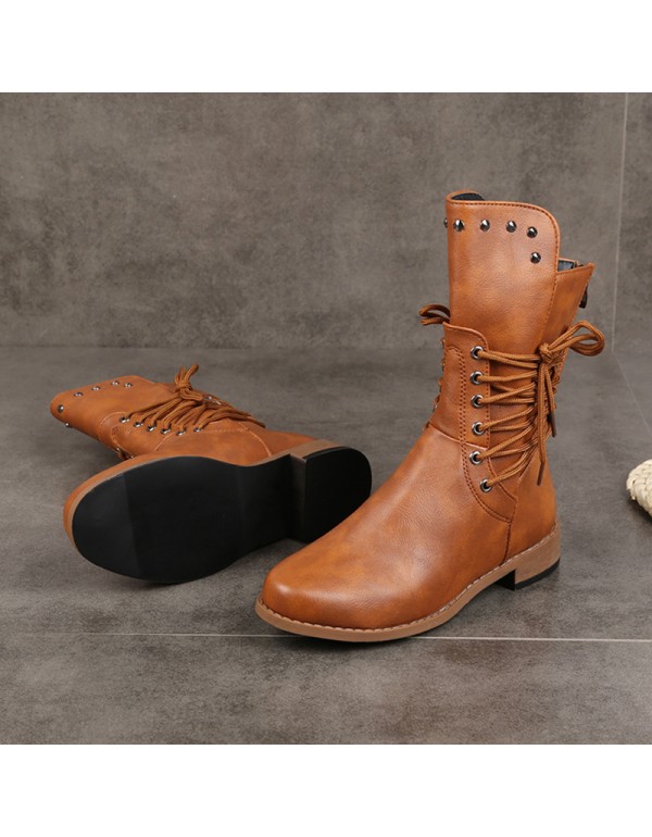 Autumn and winter new foreign trade hollow heel low heel belt buckle rivet short boots popular round head thick heel Large Martin boots women