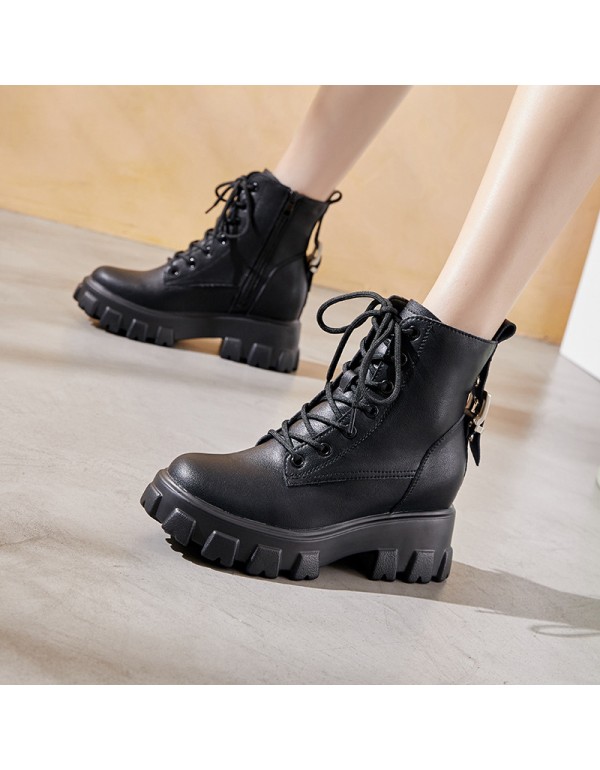 2021 Autumn New Genuine Leather Martin boots women's thick bottom inner increased Lace Up Korean buckle casual thin women's Boots