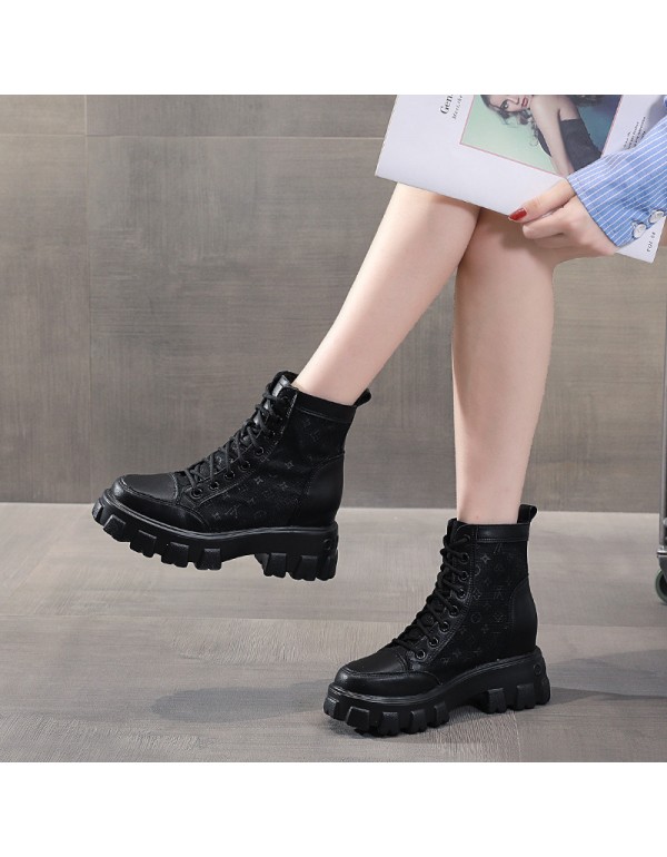 A generation hair inside heightening Martin boots women's shoes 2021 spring and autumn canvas new British style black thick soled short boots tide