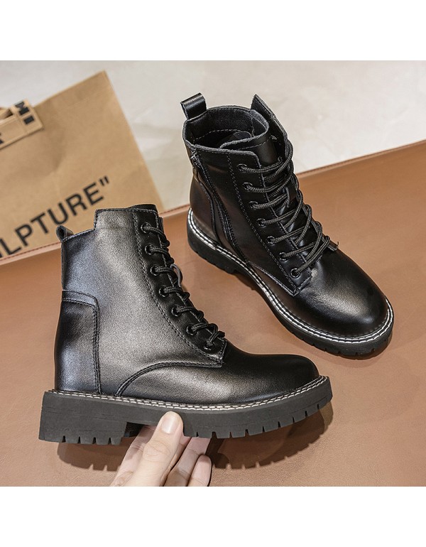 2021 spring new leather Martin boots women's thick bottom inner raised side zipper casual women's boots student shoes