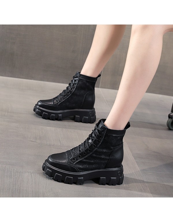 A generation hair inside heightening Martin boots women's shoes 2021 spring and autumn canvas new British style black thick soled short boots tide