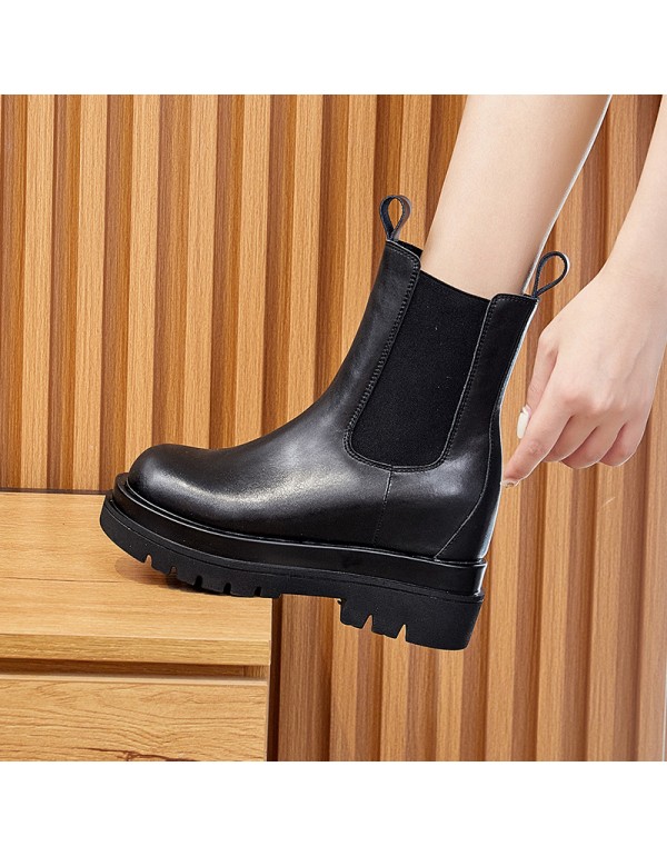 2021 autumn new leather Martin boots women's thick bottom inner raised leisure chimney boots women's Chelsea short boots 