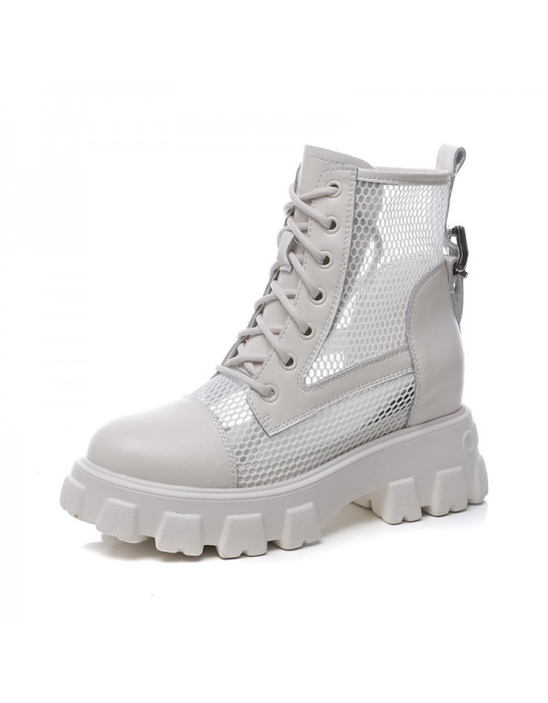 Inner heightening Martin boots women's 2021 new summer thin mesh short boots fashion spring and autumn single Boots White hollow boots