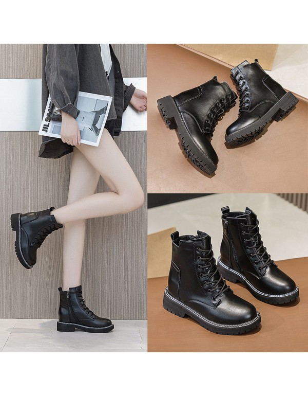 2021 autumn genuine leather Martin boots women's thick bottom inner raised lace up casual female student shoes side zipper female boots