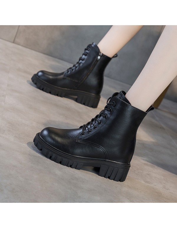 2021 autumn new leather Martin boots women's thick bottom inner increase Korean lace up casual side zipper women's Boots