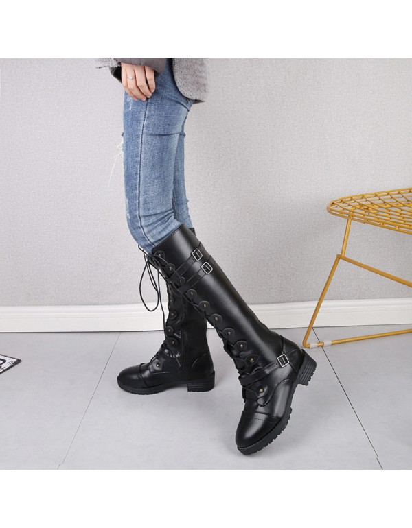 Foreign trade large size Knight boots women 2020 new autumn and winter European and American low heel flat bottomed round head belt buckle boots women manufacturers 