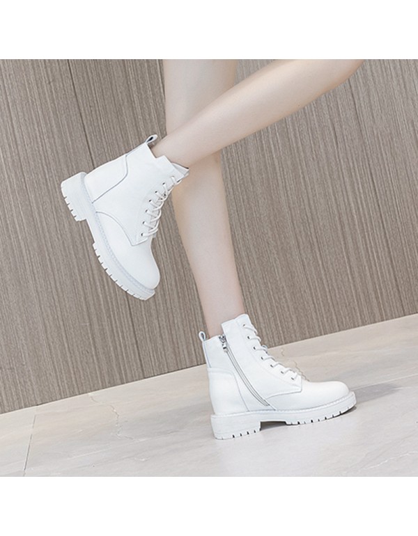 2021 autumn genuine leather Martin boots women's thick bottom inner raised lace up casual female student shoes side zipper female boots