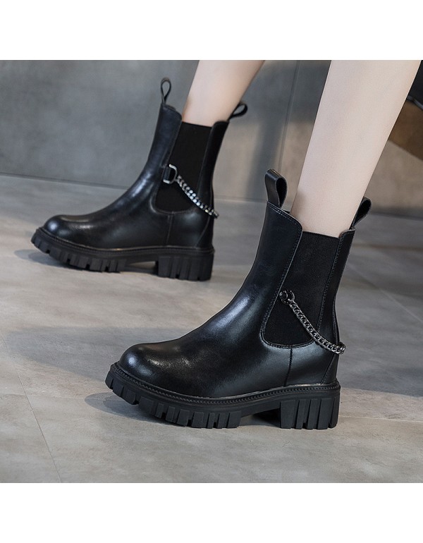 2021 leather Martin boots women's thick soled inner raised British women's boots leisure middle chimney boots female student shoes