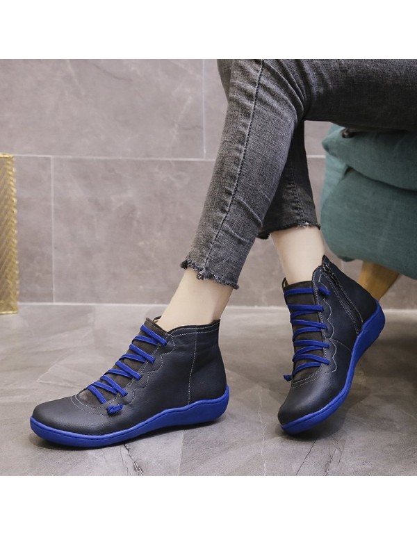 Independent station popular short boots women's 2020 autumn new flat bottomed round head lace up European and American fashion large foreign trade women's shoes