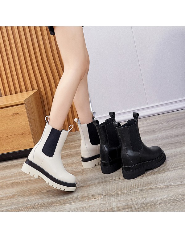 2021 autumn new leather Martin boots women's thick bottom inner raised leisure chimney boots women's Chelsea short boots 