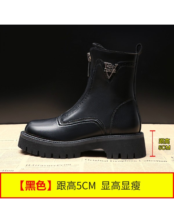 Thick bottom front zipper short boots women's 2021 autumn and winter new plush British Martin boots leather boots one hair substitute