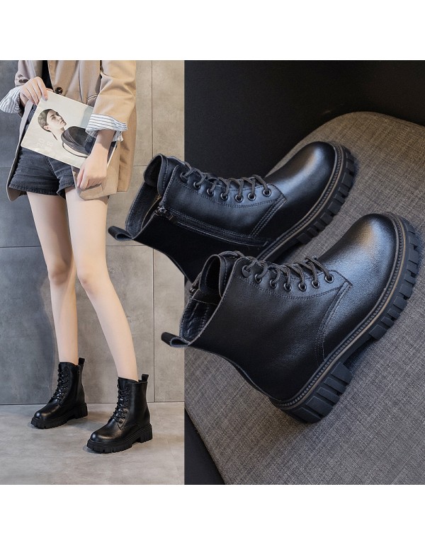 2021 autumn new leather Martin boots women's thick bottom inner increase Korean lace up casual side zipper women's Boots