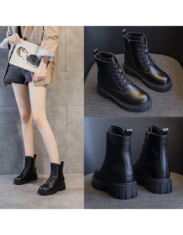 2021 autumn new leather Martin boots women's thick bottom inner increase Korean lace up casual side zipper women's Boots