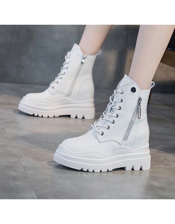 2021 autumn new leather Martin boots women's thick bottom inner increase Korean casual side zipper thin women's Boots 