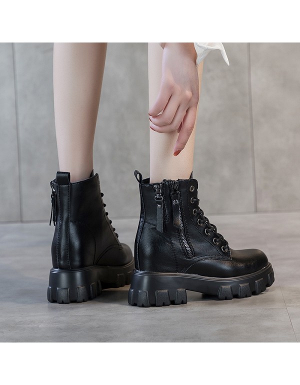 2021 autumn new leather Martin boots women's thick bottom inner increased double zipper student shoes Korean women's Boots 