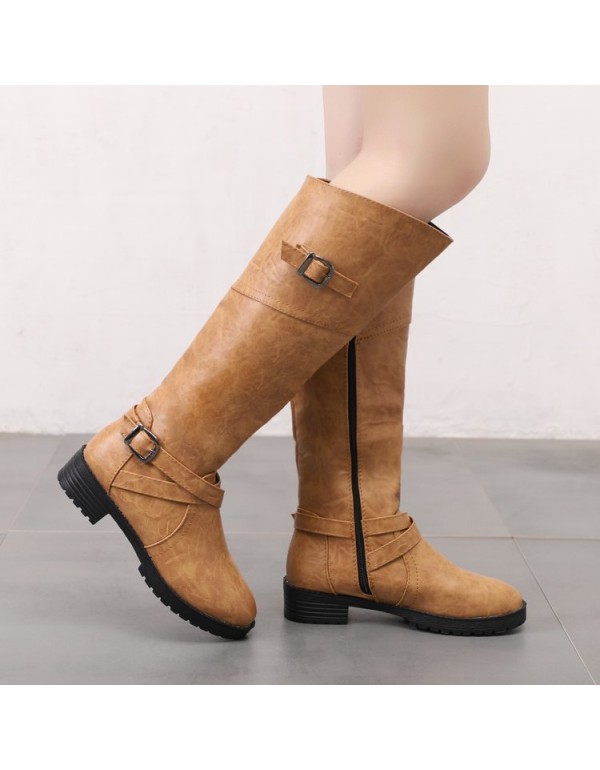 Amazon foreign trade boots women's 19 autumn and winter new European and American low heel round head flat bottom thick heel Knight boots women's wholesale
