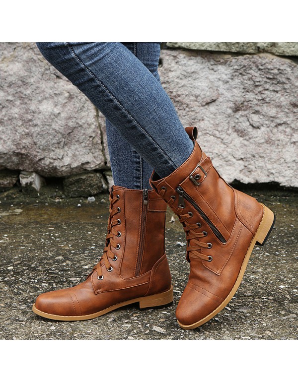 Cross border large size European and American women's boots 2021 autumn and winter new flat bottom low heel women's boots Amazon foreign trade middle tube women's Boots