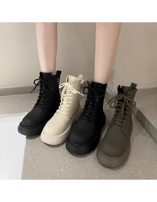 Li Wanjun's same shoes muffin thick bottom bandage short boots women's big head flat bottom Martin boots gray medium boots