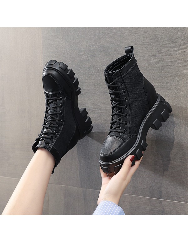 A generation hair inside heightening Martin boots women's shoes 2021 spring and autumn canvas new British style black thick soled short boots tide