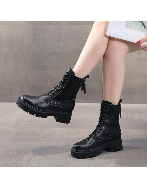 Inner heightening Martin boots women's 2021 new spring and autumn season single boot back zipper middle sleeve boots British style short boots fashion