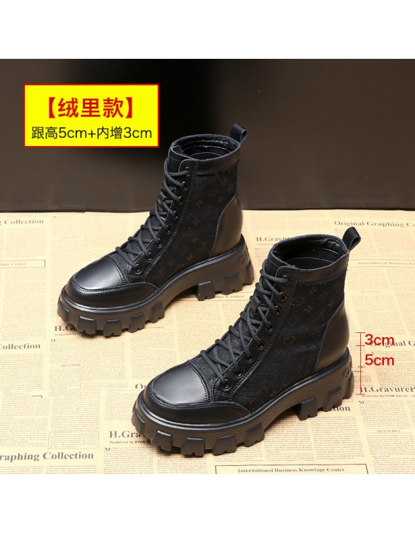 A generation hair inside heightening Martin boots women's shoes 2021 spring and autumn canvas new British style black thick soled short boots tide