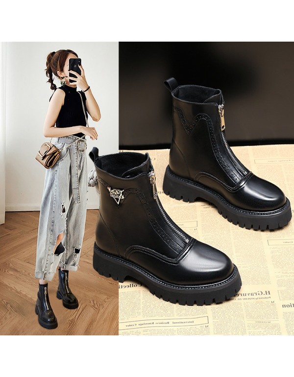 Thick bottom front zipper short boots women's 2021 autumn and winter new plush British Martin boots leather boots one hair substitute