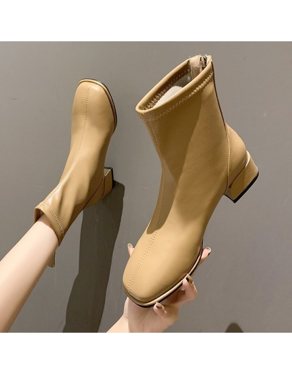 Autumn and winter 2021 new Korean version net red single boots women soft leather square head short boots women Plush high heels thick heels thin boots women