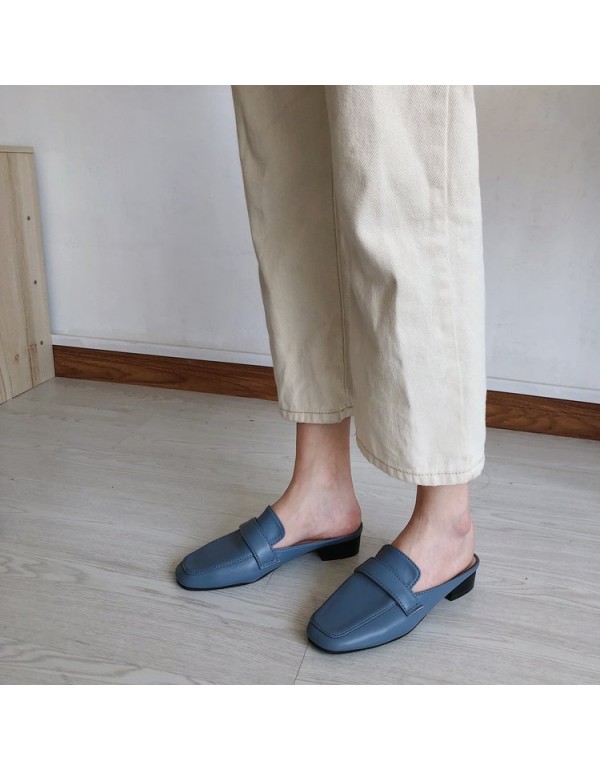 Wholesale of new Korean Baotou half slippers in spring and summer 2021, square head flat bottom, one foot on lazy slippers and women's shoes outside