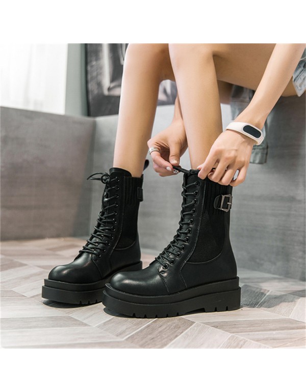 Fashion stitched motorcycle boots women's 2021 autumn and winter new ins fashion lace up British style thick bottom middle tube Martin boots