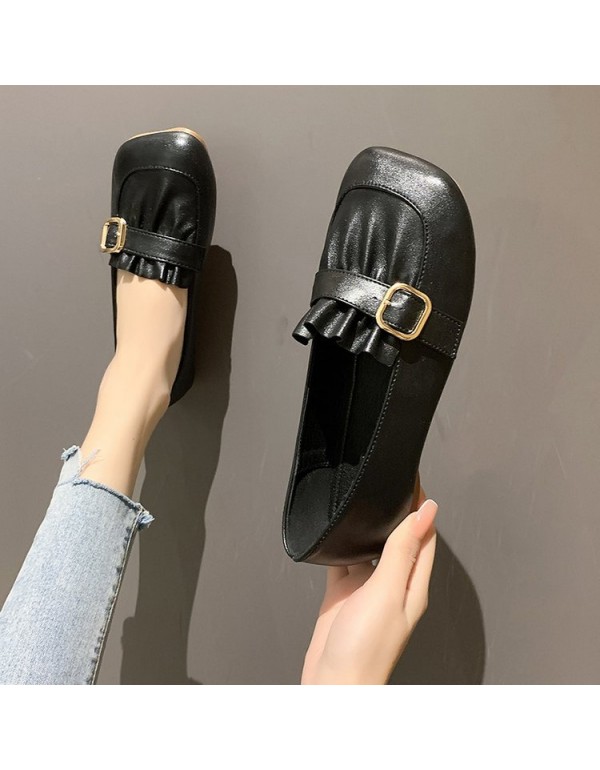 2021 autumn new Korean flat sole single shoes belt buckle square head soft bottom pea shoes fold fashion women's shoes wholesale