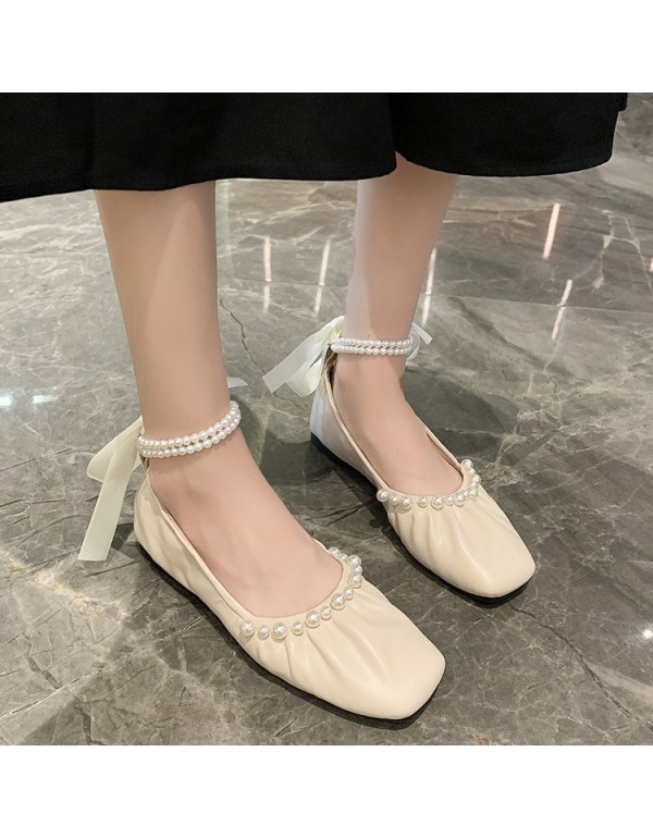 2021 autumn new fairy style bow pearl single shoes women's head shallow mouth ankle lace up pea shoes wholesale