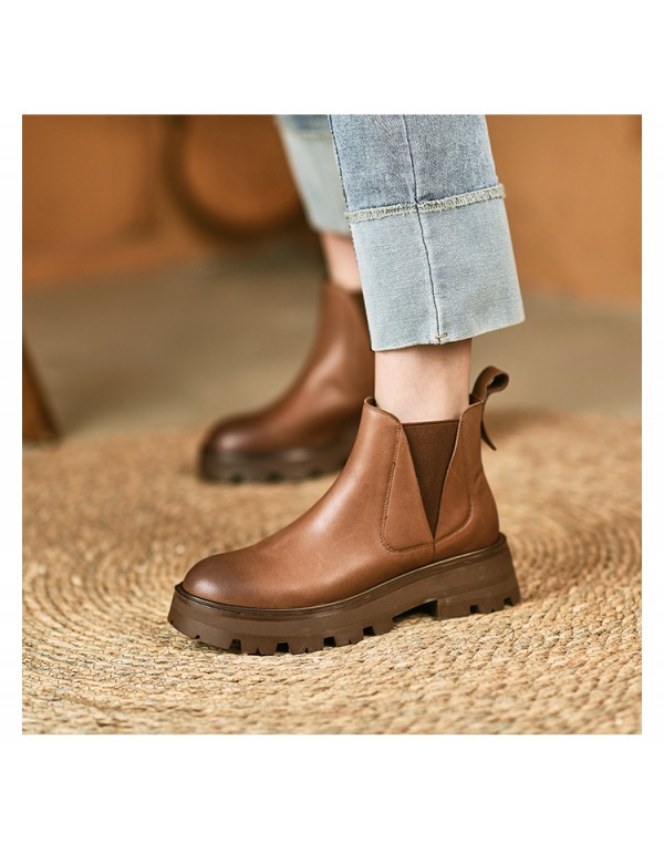 Chelsea short boots women's chimney boots round head thick bottom English Martin boots autumn winter Brown retro short boots