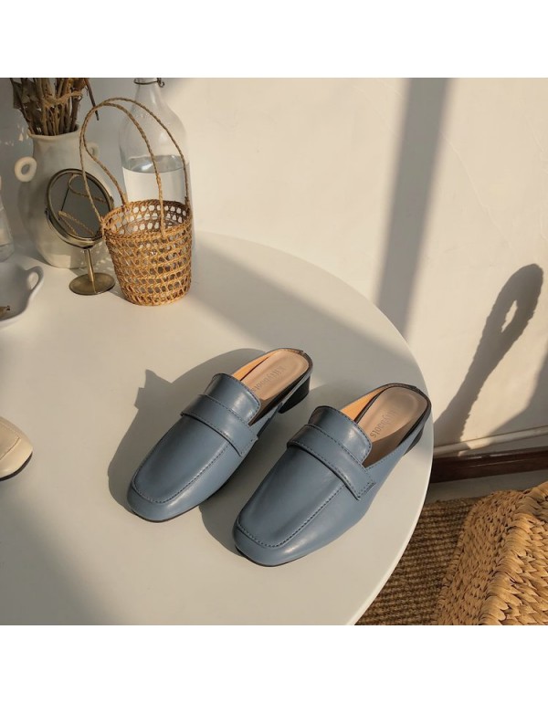 Wholesale of new Korean Baotou half slippers in spring and summer 2021, square head flat bottom, one foot on lazy slippers and women's shoes outside
